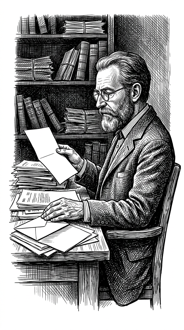 Dessin à l’encre : un homme à lunettes lit une lettre à son bureau, des enveloppes devant lui.