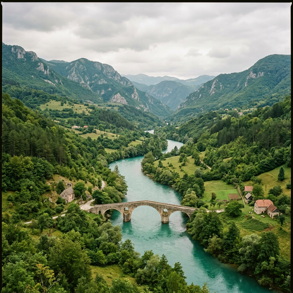 Rivière turquoise dans une vallée verte avec un vieux pont de pierre.
