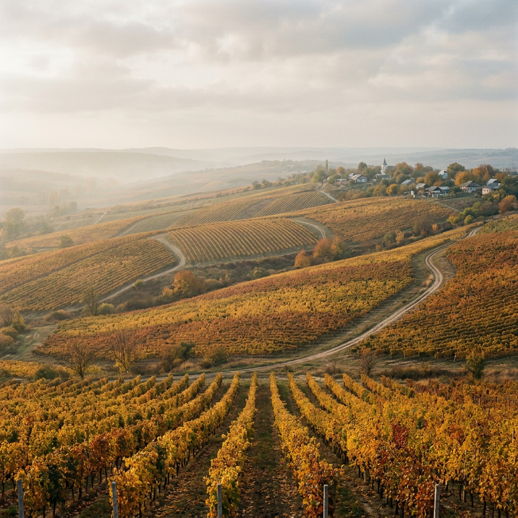 Vignobles d’automne sur des collines douces.