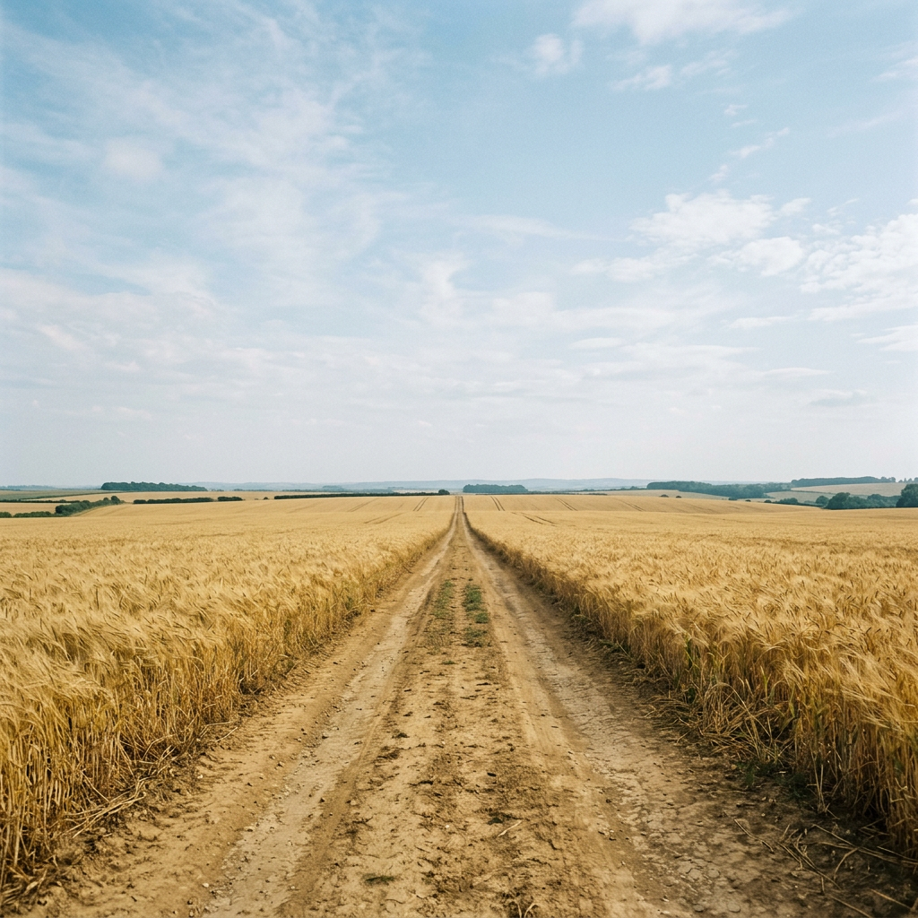 Champ de blé doré sous un grand ciel, un chemin vers l’horizon.