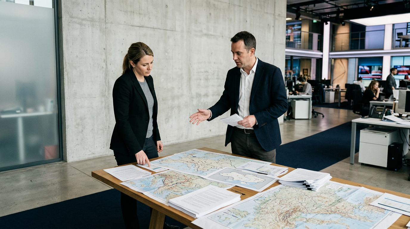 Deux analystes devant une table couverte de cartes de l’Europe de l’Est et des Balkans.
