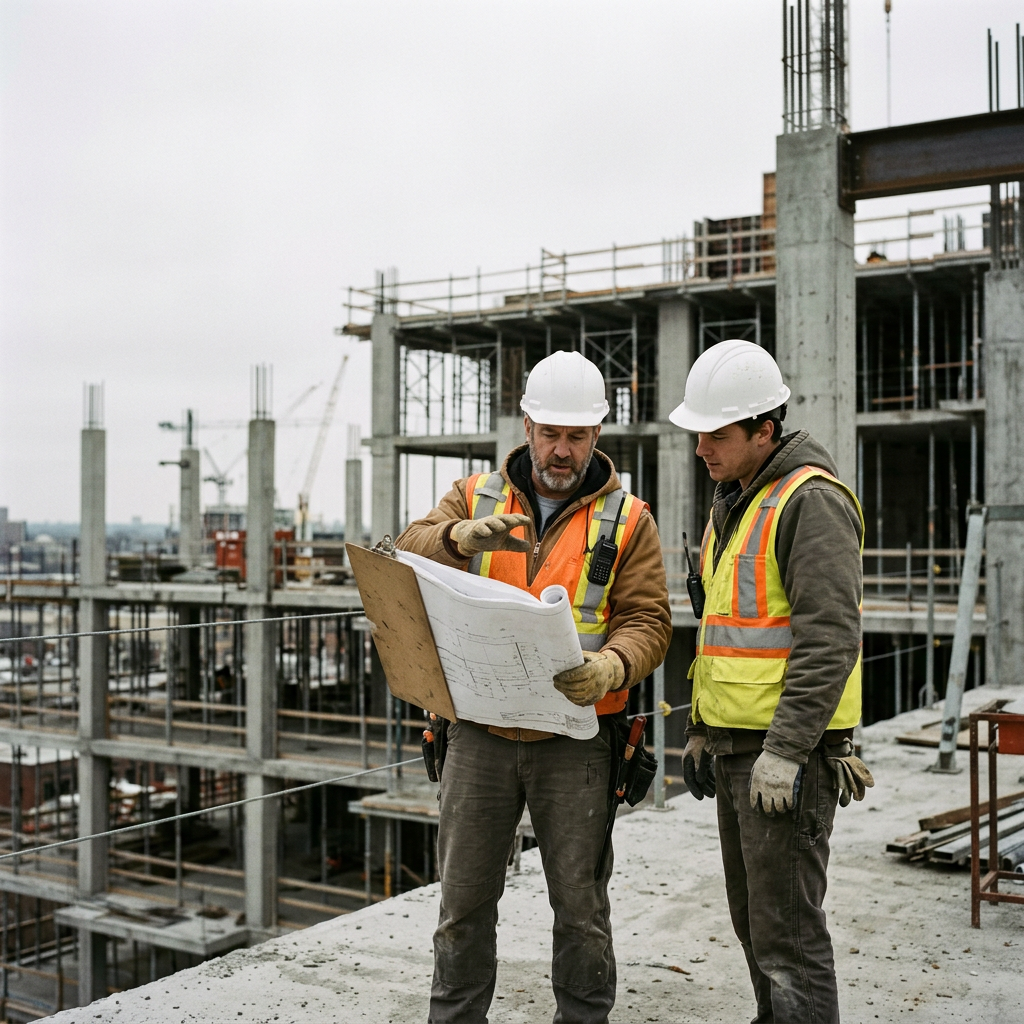 Chantier de construction avec une grue et des ouvriers casqués.
